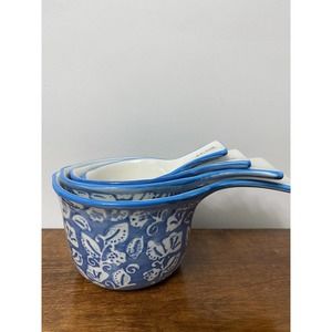 Bloomingdales Sparrow & Wren Ceramic Measuring Cups Set of 4 Blue White Floral